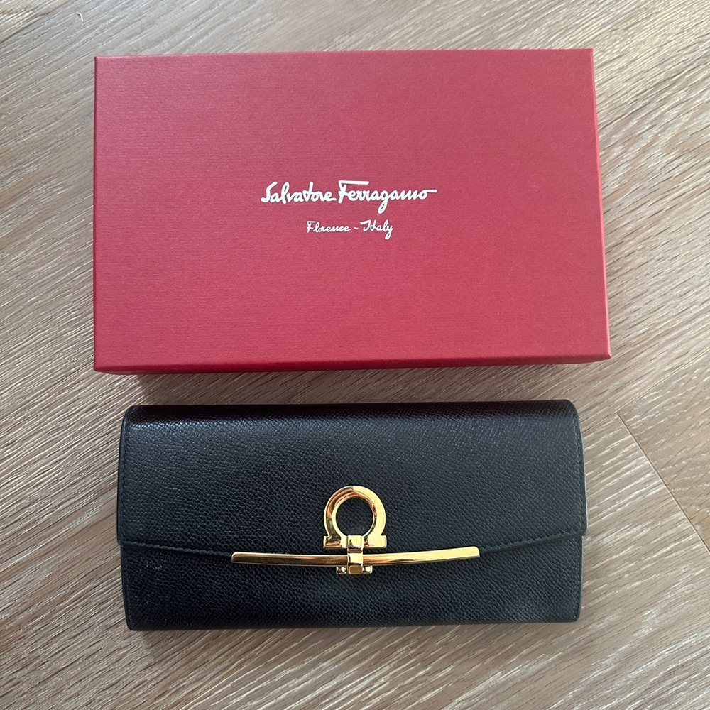 Salvatore Ferragamo Black Long Wallet with Gold Clasp